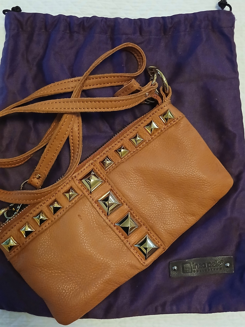 Linea Pelle Tan Leather Studded Mini Crossbody Bag Wristlet Clutch